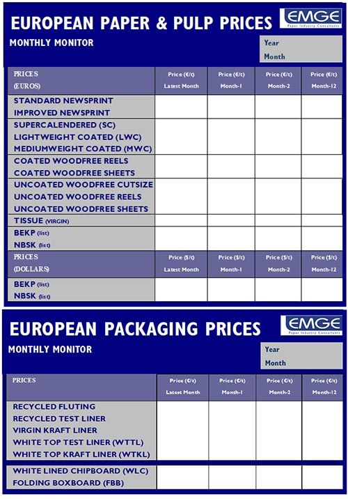 European Paper Pulp and Packaging price tables